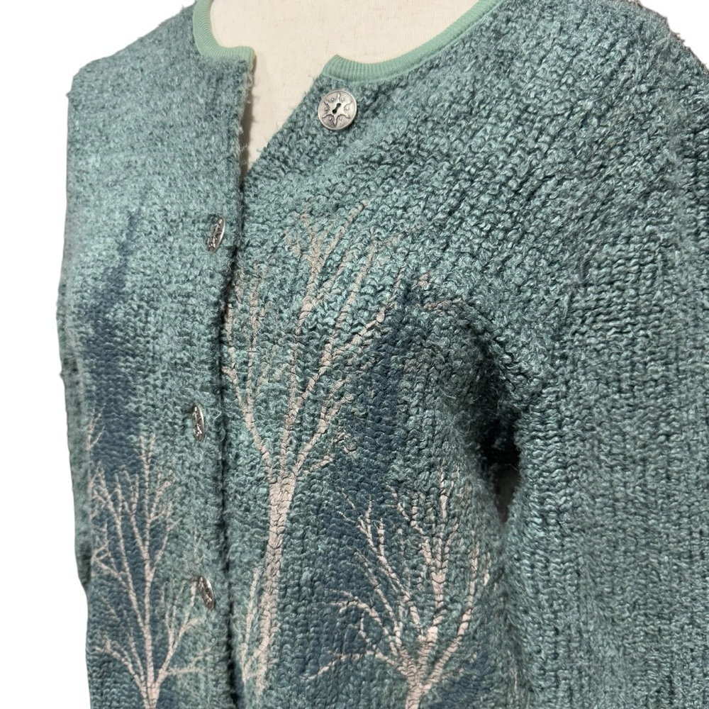 Artisans Forest Cabincore Cardigan Size S Bear Print Grandpa Green Kitschy Paint - Picture 3 of 13